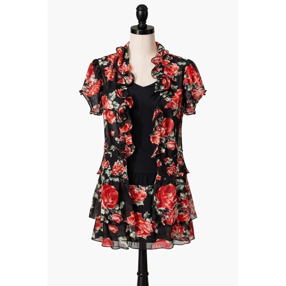 A.Byer 2 Piece Floral Blouse Set Size Medium Ruffle Sheer Top Black Red Romantic